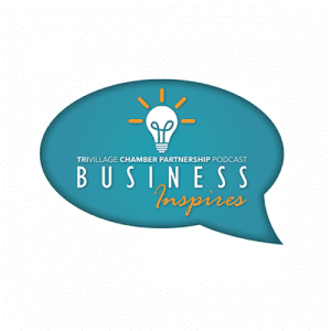 Teal speech bubble featuring a light bulb icon and the text Trivillage Chamber Partnership: Business Inspires Podcast. This fresh take on podcasting highlights how chambers of commerce can fuel entrepreneurial ideas and collaboration.