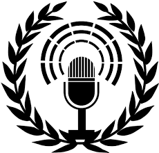 A black and white illustration of a vintage microphone surrounded by concentric circles, resembling sound waves, evokes the essence of a podcast academy. Laurel branches encircle the microphone, enhancing its emblematic appearance.