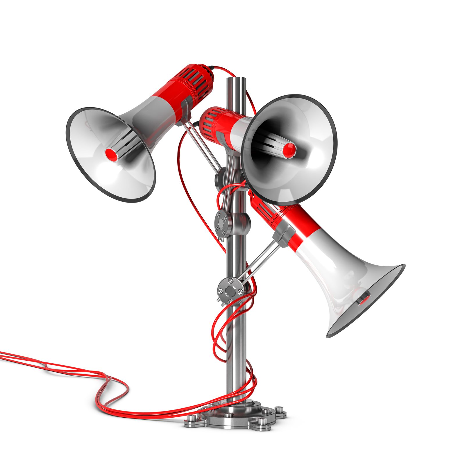 A metallic stand with four red and silver loudspeakers attached, each facing a different direction, perfectly designed for promoting your podcast. Red cables wrap around the stand, creating a dynamic and organized appearance against a plain white background.