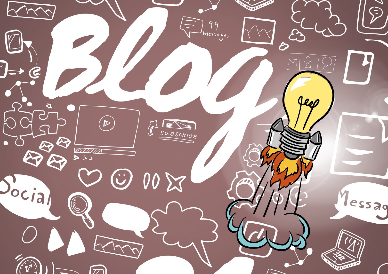 Illustration with the word Blog in large letters. Surrounding doodles include a lightbulb with a rocket, social media icons, a monitor with a play button to repurpose your podcast content, envelopes, and speech bubbles. The background is brown with a white overlay for drawings.