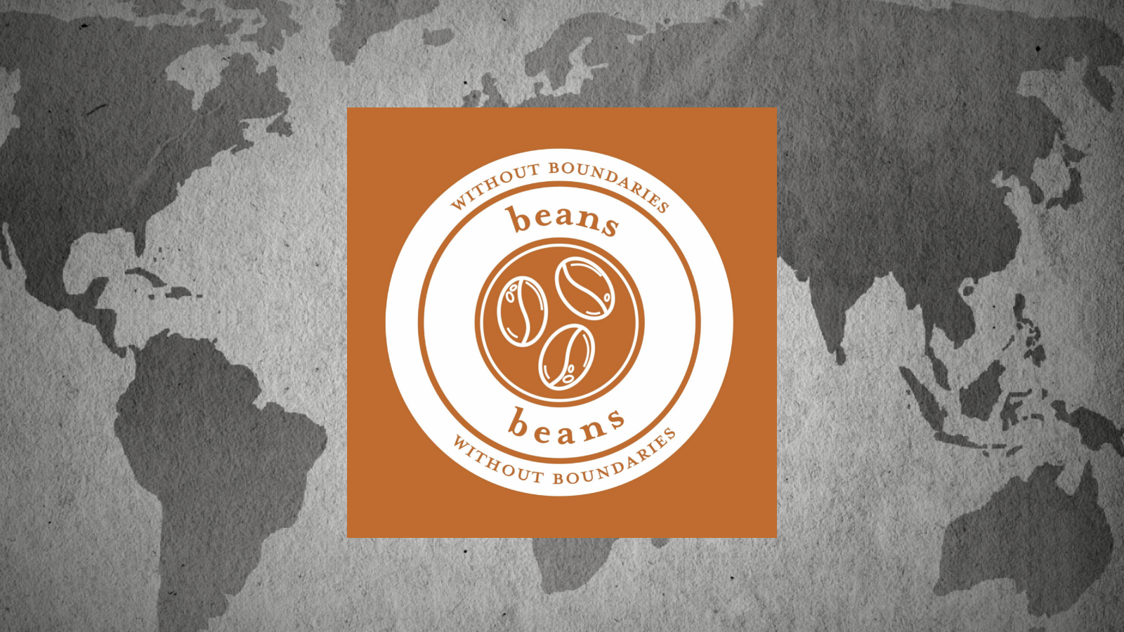 A logo for the award-winning Beans Without Boundaries Podcast features three coffee bean illustrations in a circular design on a brown background, with a grayscale world map as the backdrop.