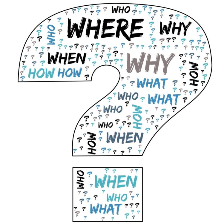 A large question mark composed of smaller words such as who, what, when, where, why, and how in diverse font sizes and colors, predominantly black and blue, akin to engaging with your audience. Below, a small rectangle features similar words, like podcast show notes.