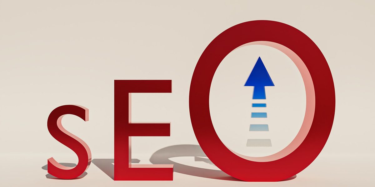 The image depicts the letters SEO in bold, red font on a beige background. The O, featuring a blue arrow pointing upwards, symbolizes growth or progress—a perfect visual for podcast SEO strategies aiming to boost visibility and reach.