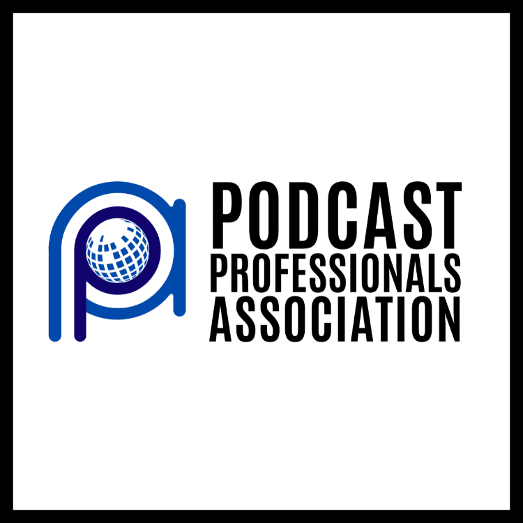 The Podcast Professionals Association logo showcases a stylized P intertwined with a blue and white globe, next to the bold black text Podcast Professionals Association on a crisp white background.