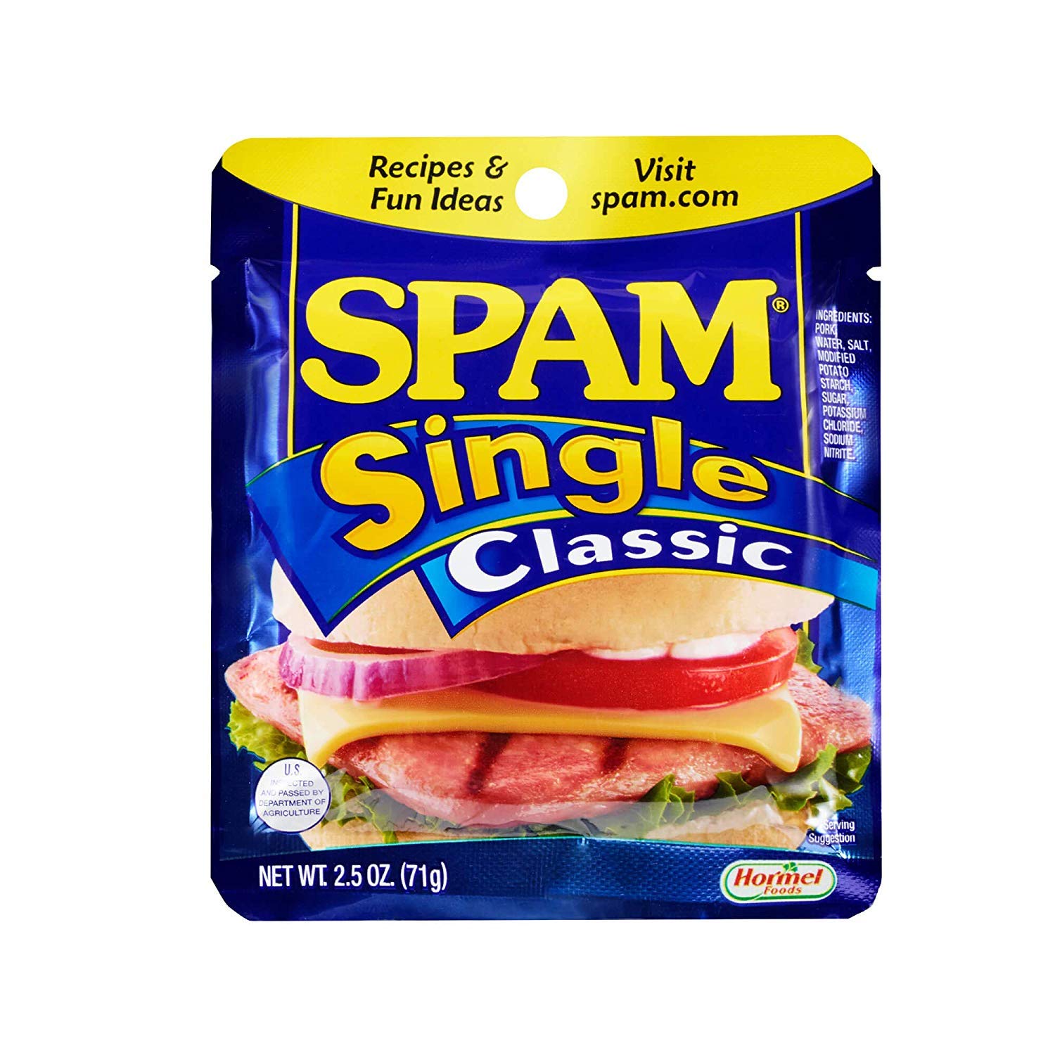 A package of Spam Single Classic, perfect for crafting your own spamcasts. The packaging is blue and yellow, showcasing an appetizing image of a Spam slice in a sandwich. With Recipes & Fun Ideas on the label, it contains 2.5 oz (71g) of deliciousness.