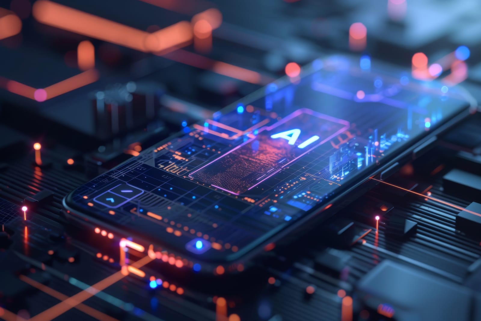 A smartphone displaying the words AI and Chat GPT on its screen rests on a futuristic circuit board. The setup is illuminated with blue and orange lights, emphasizing the high-tech and digital theme.