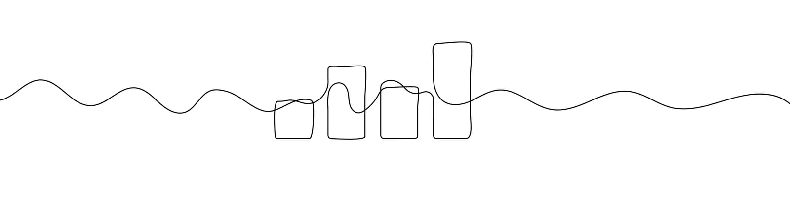 A minimalist line drawing of a city skyline with five rectangular buildings incorporates growth strategies. A single, continuous line creates a wave-like pattern that runs horizontally across the image, forming the outline of the buildings.