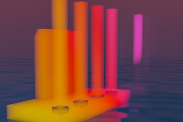 A digital, abstract image showing tall, glowing bars in shades of orange, red, and pink rising from a reflective, watery surface against a purple background. The scene has a futuristic vibe, much like the energy shared among podcast listeners.
