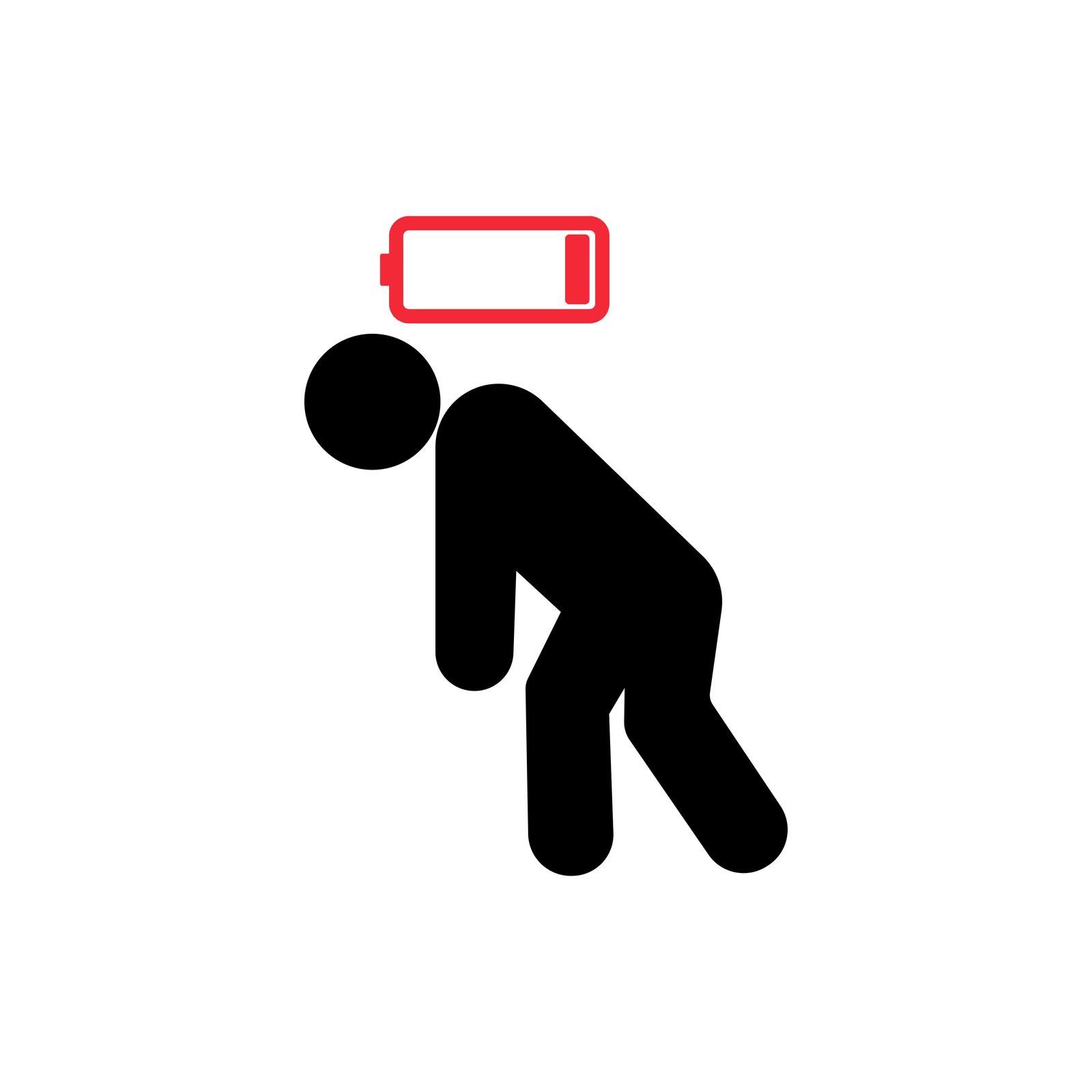 A silhouette of a person hunched over with a nearly empty red battery icon above their head, symbolizing exhaustion or low energy—highlighting the importance to avoid burnout, especially for those facing podcast routine fatigue.