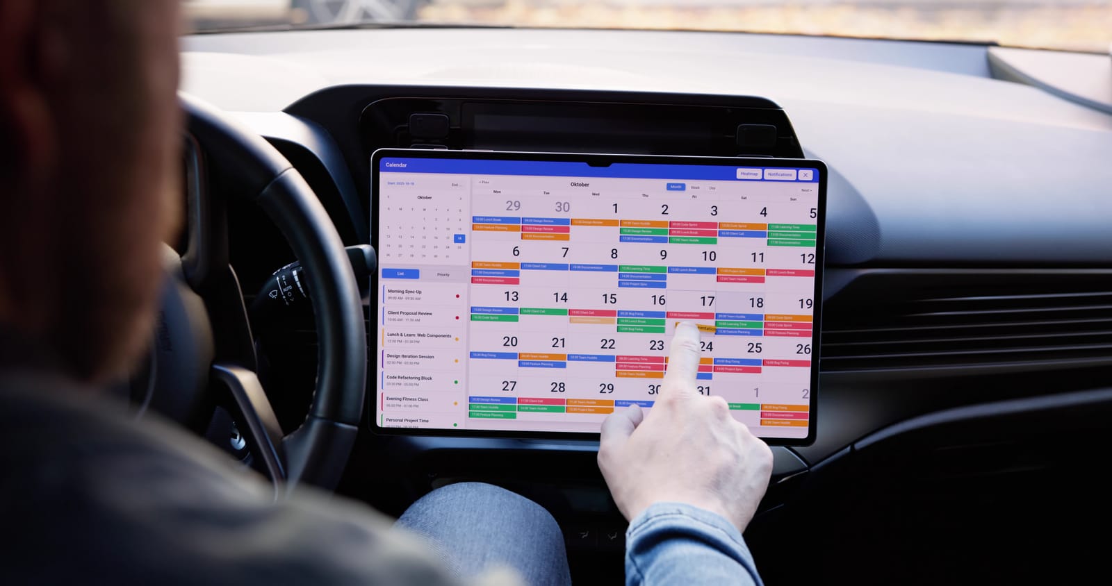 A person in a car uses a large touchscreen tablet displaying a colorful, detailed digital calendar with multiple scheduled events, tasks for the month, and sections dedicated to podcast episode planning.