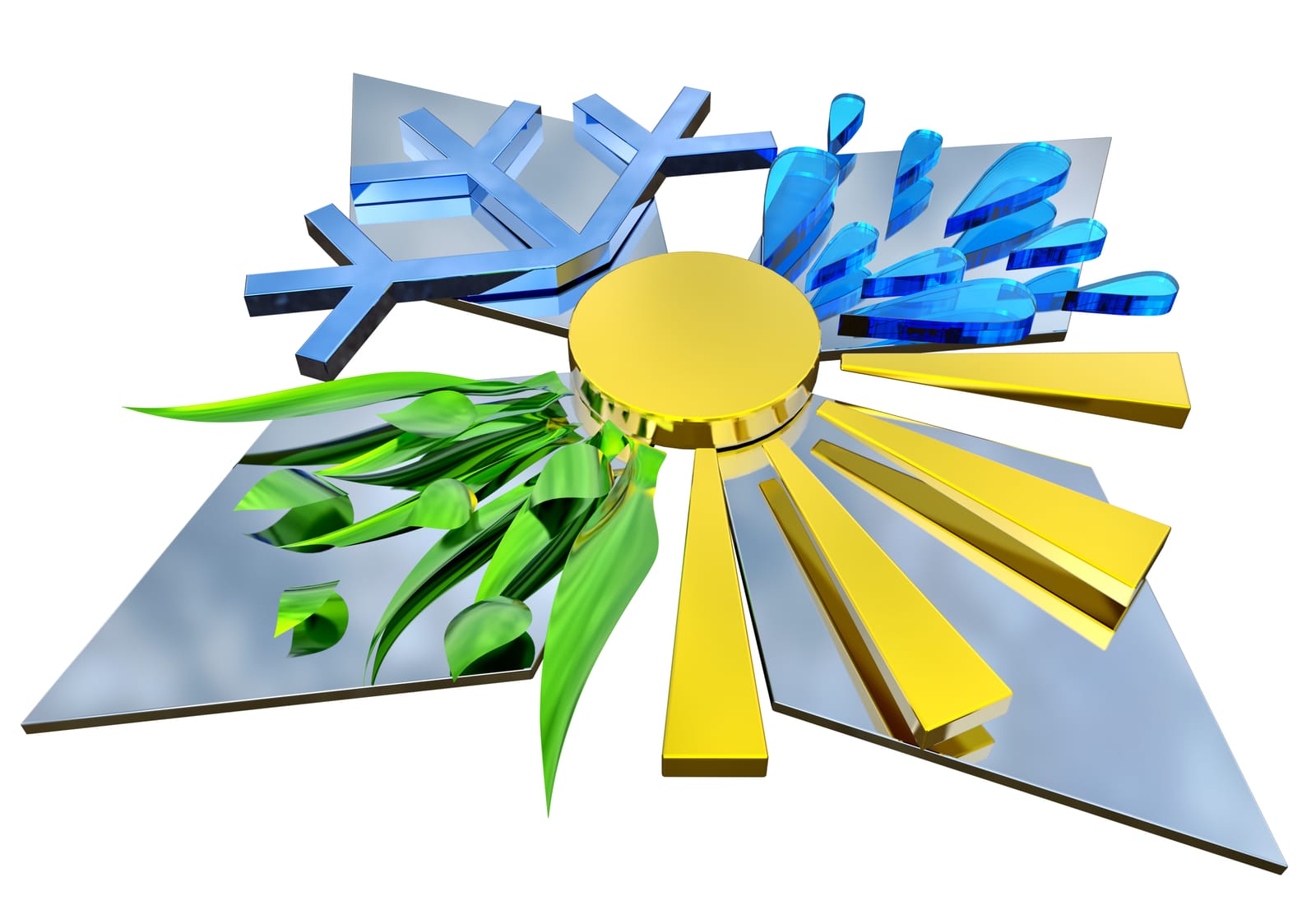 A 3D emblem shows a snowflake, water droplets, green leaves, and sun rays around a golden circle, creatively illustrating the creative cycle seasons of podcasting, on a reflective silver background.