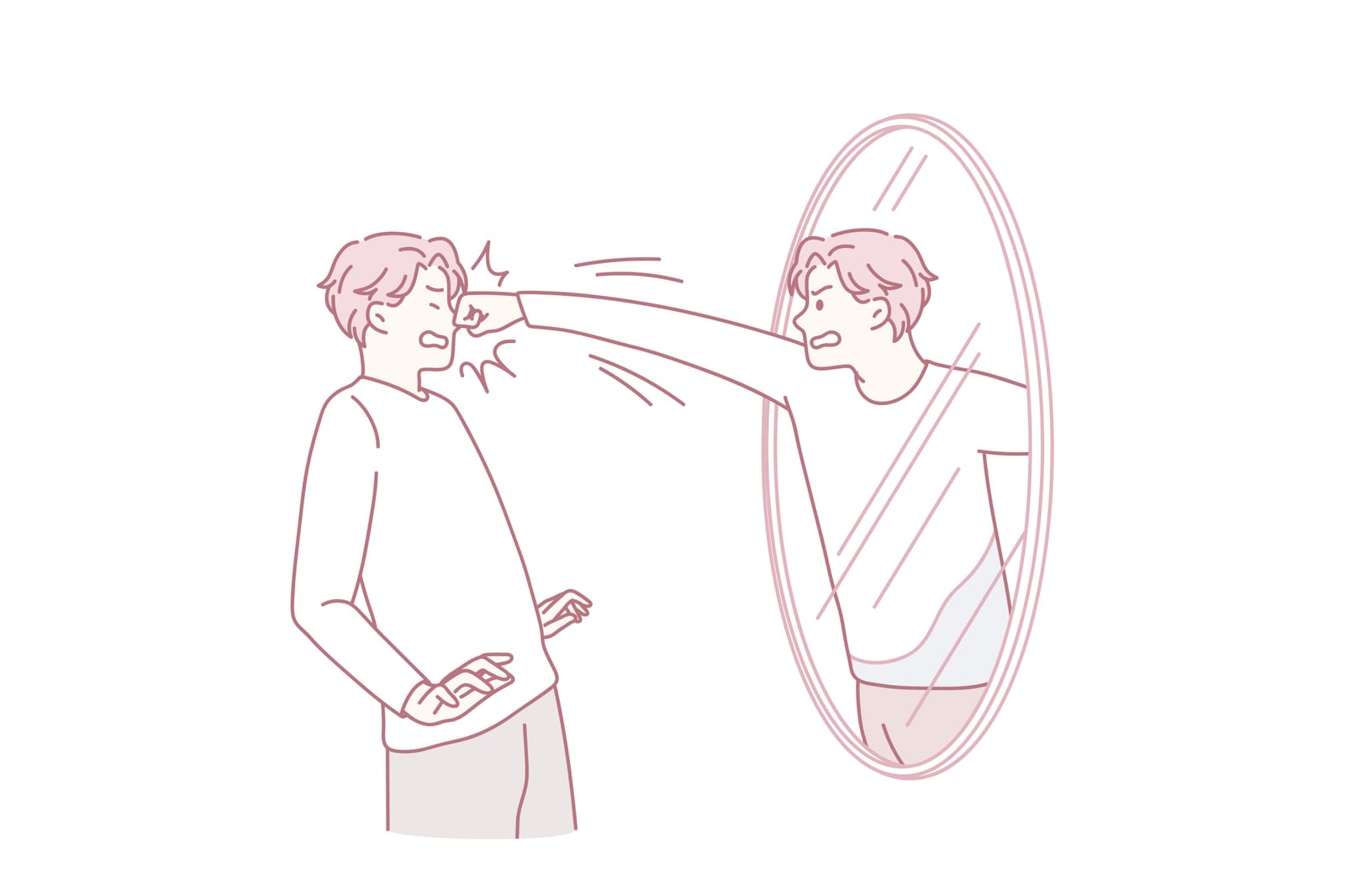 A person stands in front of a mirror, while their reflection appears to reach out and punch them in the face. The scene suggests inner conflict or self-criticism—a powerful visual metaphor for comparison, as if they are battling with their own perceptions much like engaging in a relentless podcast comparison of their own worth.
