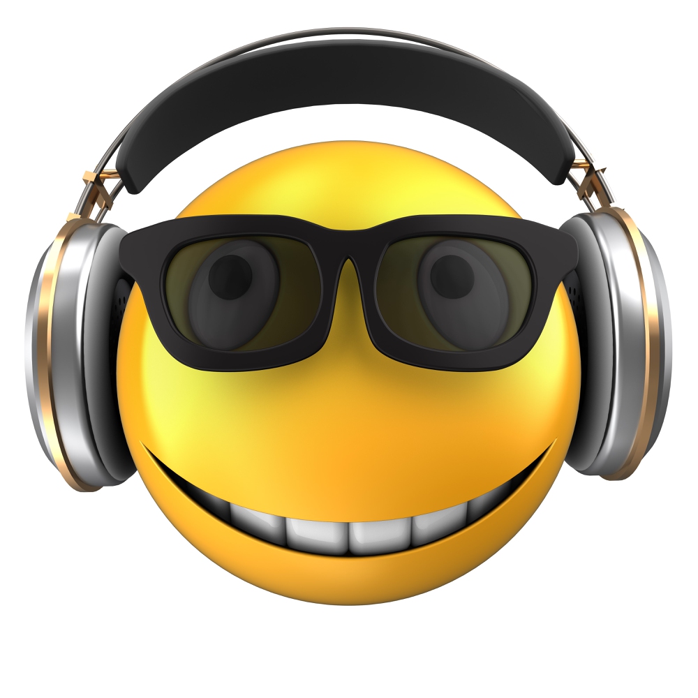 A smiling yellow emoji with large black glasses and silver headphones, showing two big front teeth, on a white background—a perfect icon for loyal listeners everywhere.
